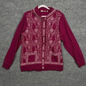 Soft Surroundings Womens Medium Hooded Jacket Red Cotton Embroidered Button Up